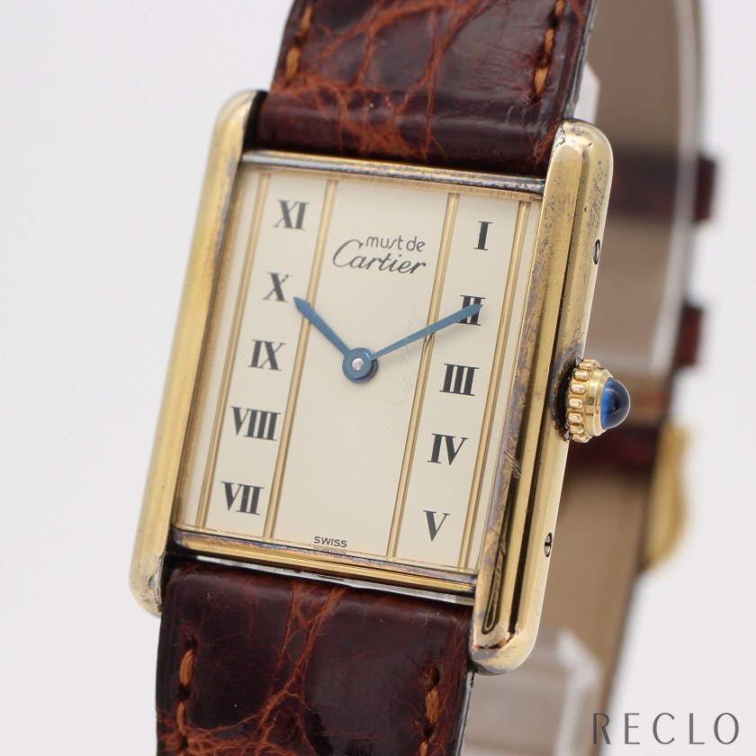 カルティエ Cartier マストタンク ヴェルメイユ LM ボーイズ 腕時計 クオーツ SV925 レザー ゴールド ブラウン アイボリー文字盤 590005 【中古】