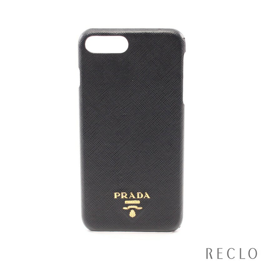 プラダ PRADA iPhone7plus スマホケース サフィアーノレザー ブラック メタルロゴ 【中古】
