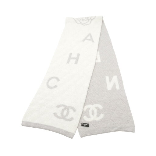 シャネル CHANEL ココマーク カメリア マフラー 衣料品 ウール シルク カシミヤ ホワイト系 / グレー系 【中古】 シャネル CHANEL ココマーク カメリア マフラー 衣料品 ウール シルク カシミヤ ホワイト系 / グレー系 【中古】