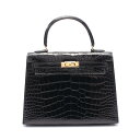 エルメス HERMES ケリー25 ハンドバッグ バッグ アリゲーターリセ ブラック系 【中古】