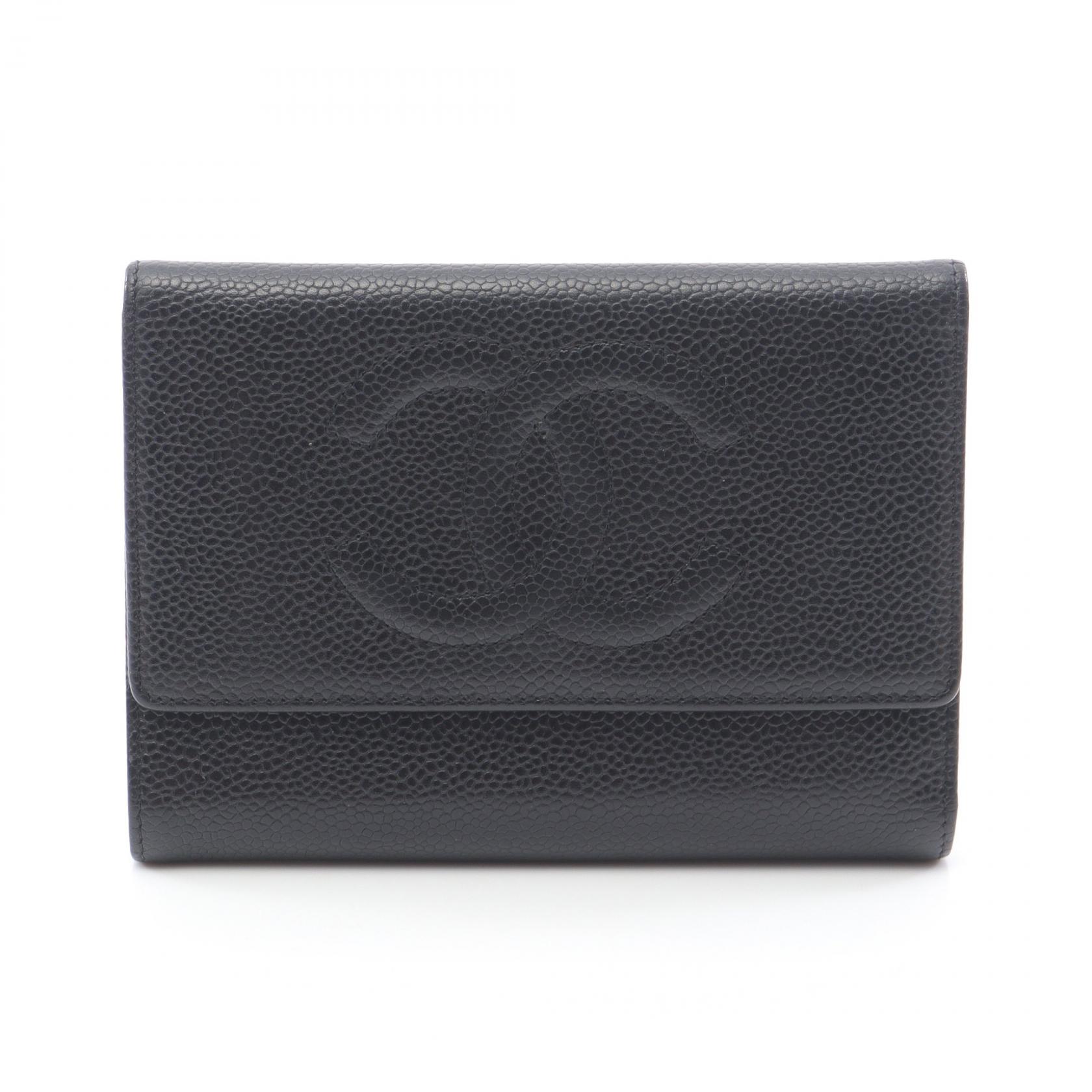 シャネル CHANEL ココマーク 三つ折り財布 財布 レザー グレインドカーフスキン ブラック系 【中古】
