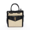 サンローラン SAINT LAURENT アップタウン トート スモール ハンドバッグ バッグ レザー ラフィア ベージュ系 / ブラック系 561203 【中古】