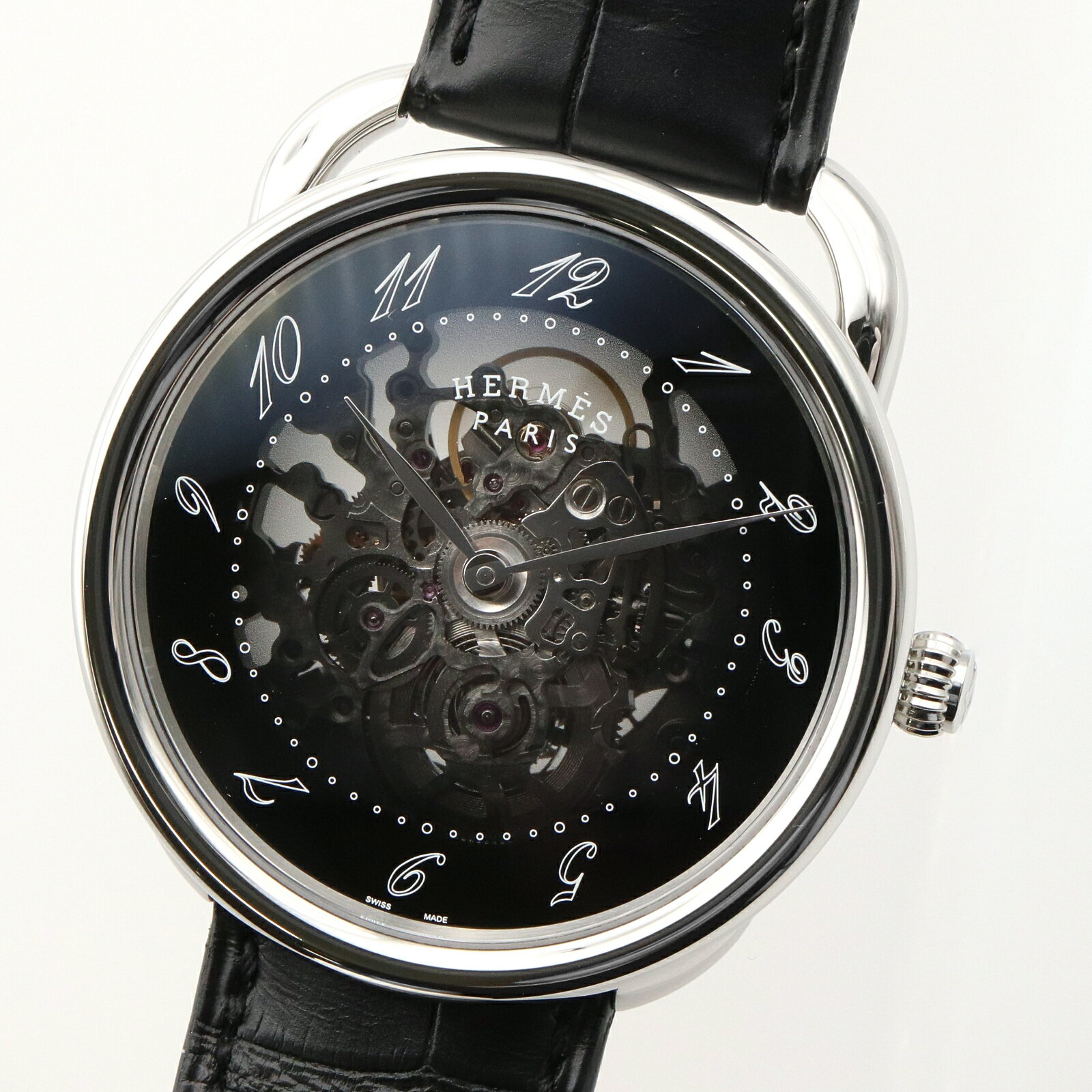 エルメス HERMES アルソー スケレット 腕時計 時計 ステンレススチール クロコ革 ブラック系 AR2.710 【中古】