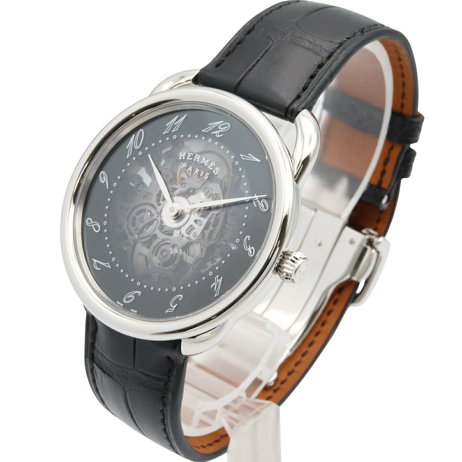 エルメス HERMES アルソー スケレット 腕時計 時計 ステンレススチール クロコ革 ブラック系 AR2.710 【中古】