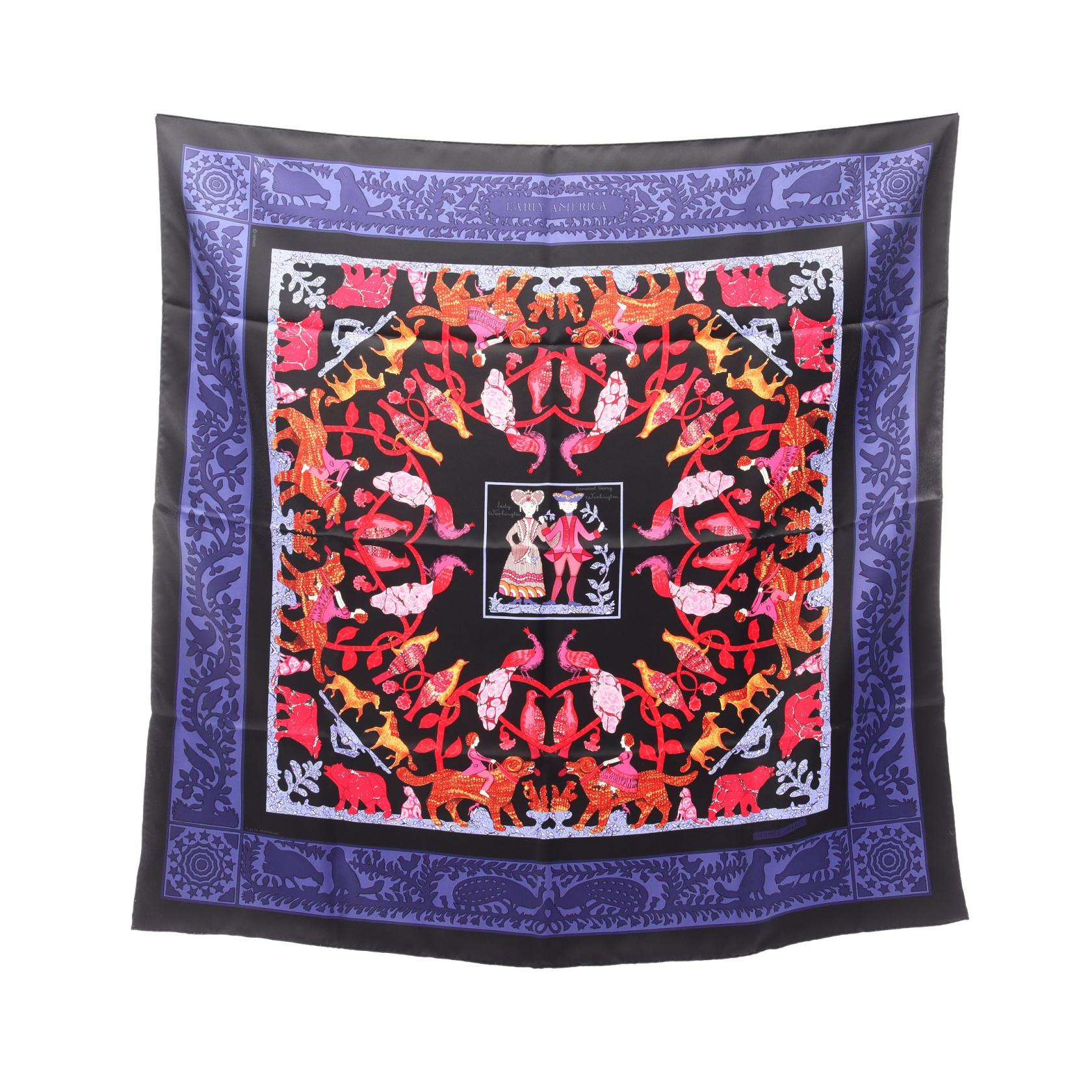 エルメス　シルク　カレ90 スカーフ　EARLY AMERICA グレー　タグ付 エルメス シルク カレ90 スカーフ EARLY AMERICA グレー タグ付