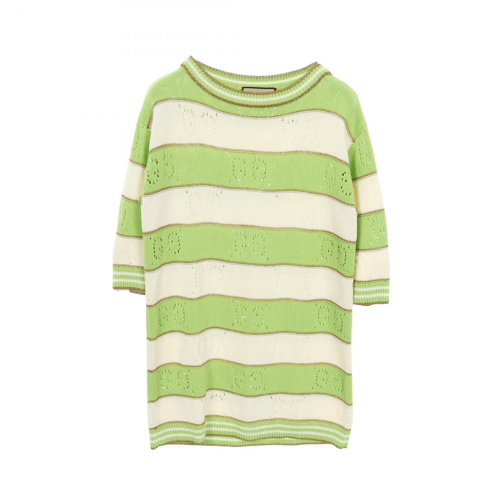 グッチ GUCCI GGストライプ ニット 衣料品 トップス コットン グリーン系 / アイボリー系 【中古】