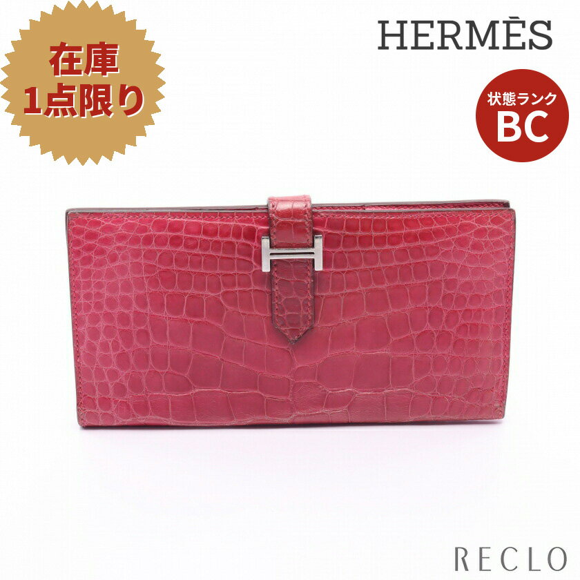 【10周年SALE!!25%OFF以上】エルメス HERMES ベアン ローズショッキング 二つ折り長財布 アリゲーターマット ピンク シルバー金具 □K刻印 【中古】 送料無料 サイフ10th_all_2_wal_10th_2