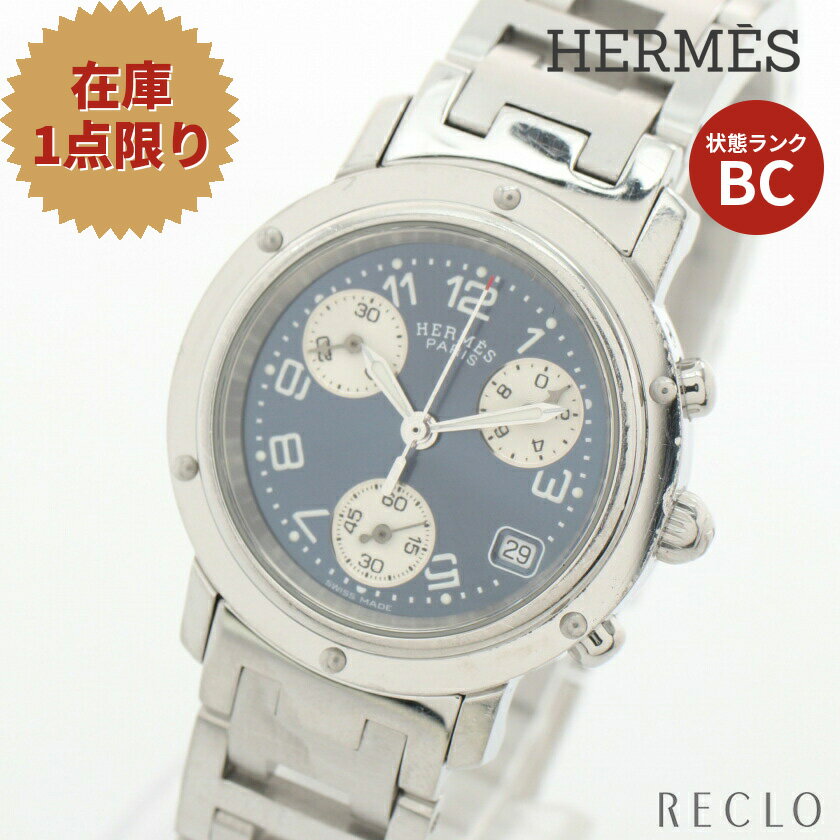 エルメス HERMES クリッパークロノ レディース 腕時計 クオーツ SS シルバー ネイビー文字盤 CL1.310 送料無料 トケイ_2406ss_all_watc_0604