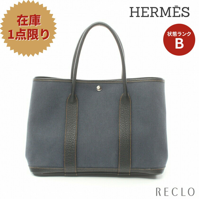 【10周年SALE!!10%OFF以上】エルメス HERMES ガーデンパーティPM ハンドバッグ トートバッグ デニムフォンセ レザー ネイビー ブラック シルバー金具 □P刻印 【中古】10th_all_2_bg_10th_2