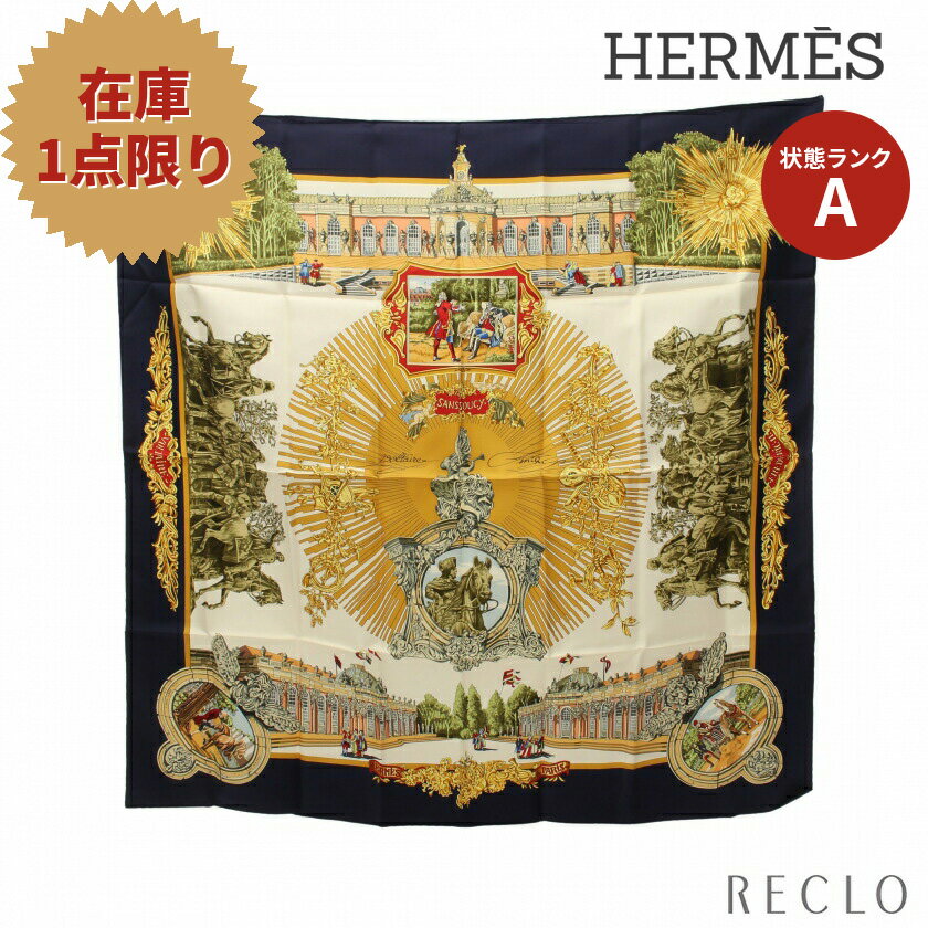 【10周年SALE!!5%OFF以上】エルメス HERMES カレ90 SANSSOUCY スカーフ シルク ネイビー オフホワイト マルチカラー 【中古】 送料無料 美品10th_all_2_wal_10th_2