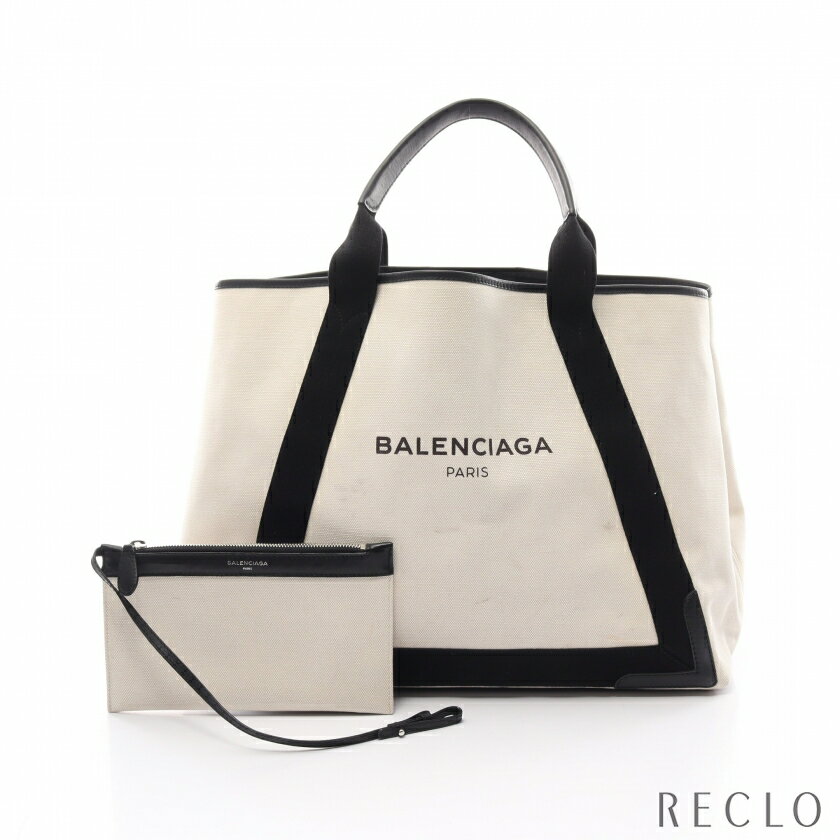 バレンシアガ BALENCIAGA NAVY CABAS ネイビーカバ M ハンドバッグ トートバッグ キャンバス レザー オフホワイト ブラック 339936【中古】 送料無料