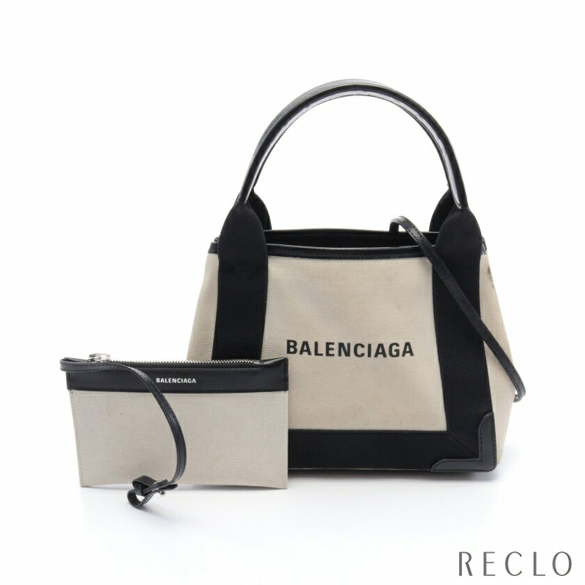 バレンシアガ BALENCIAGA ネイビーカバ XS ハンドバッグ キャンバス レザー ブラック オフホワイト 2WAY 390346【中古】