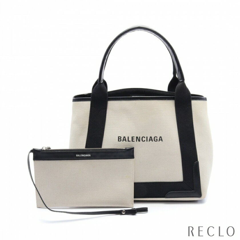 【SALE 10%OFF以上】バレンシアガ BALENCIAGA NAVY CABAS S ネイビーカバ ハンドバッグ トートバッグ キャンバス レザー オフホワイト ブラック 339933【中古】