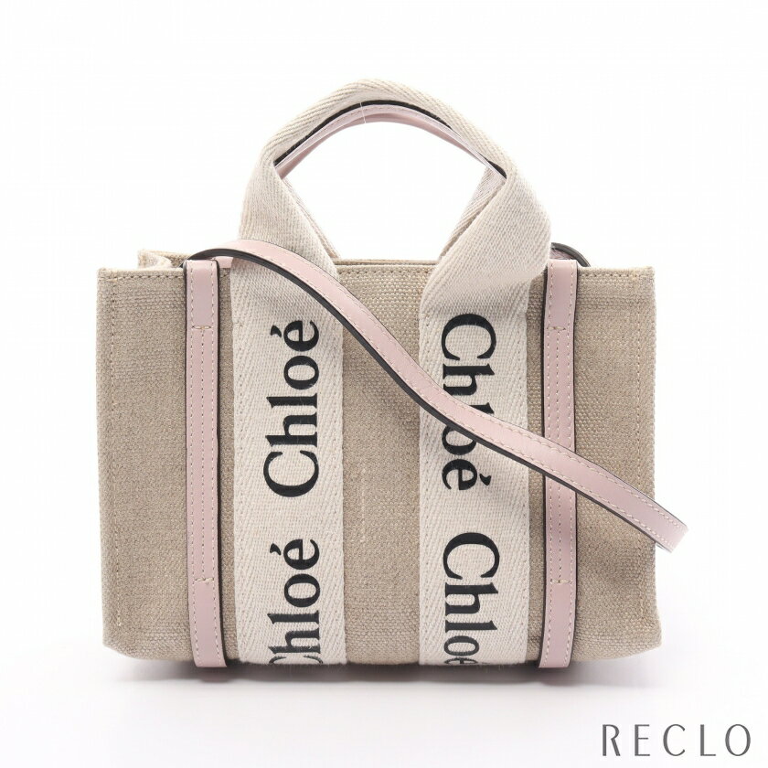 【SALE 5%OFF以上】クロエ Chloe WOODY ウッディ ミニ ハンドバッグ リネン レザー ベージュ ライトピンク 2WAY CHC22AP237I26521【中古】