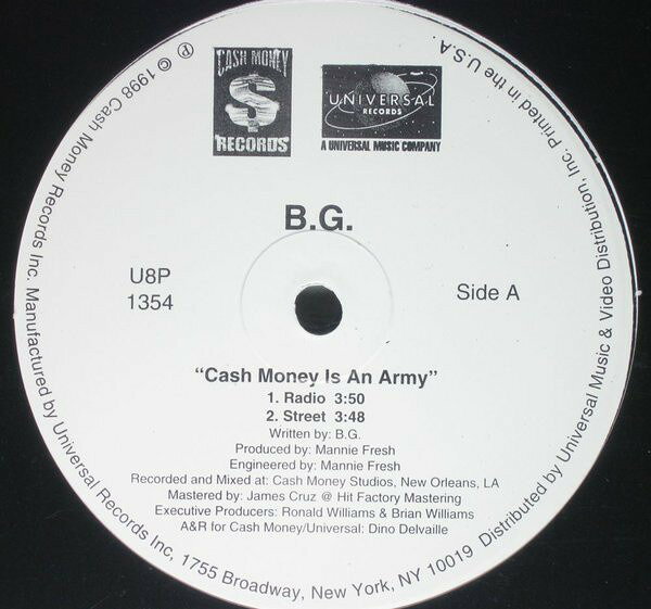 Artist Name: N - 【中古】米12” B.G. Cash Money Is An Army U8P1354PROMO Cash Money Records プロモ /00250