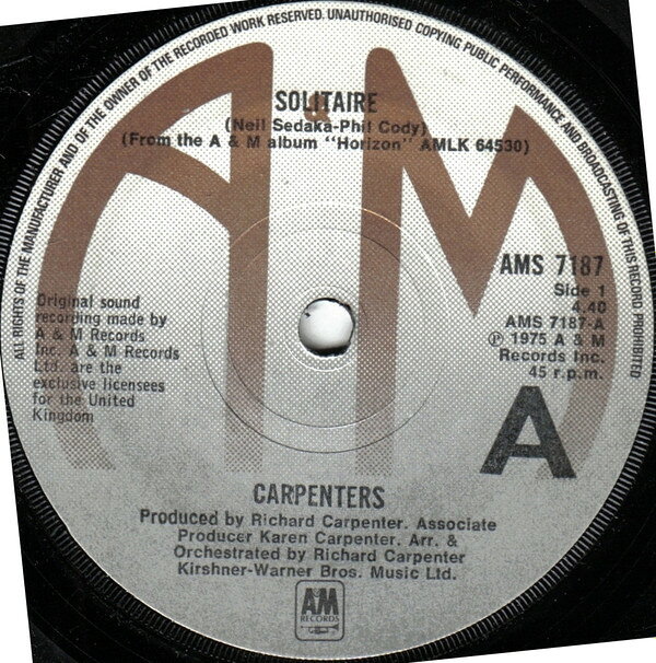 英7” Carpenters Solitaire AMS7187 A&amp;M Records /00080