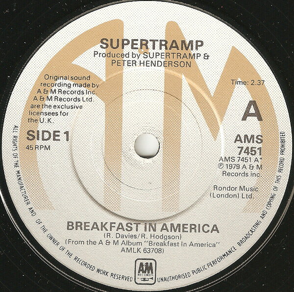 쥳ɥƥ ŷԾŹ㤨֡š۱7 Supertramp Breakfast In America AMS7451 A&M Records /00080פβǤʤ713ߤˤʤޤ