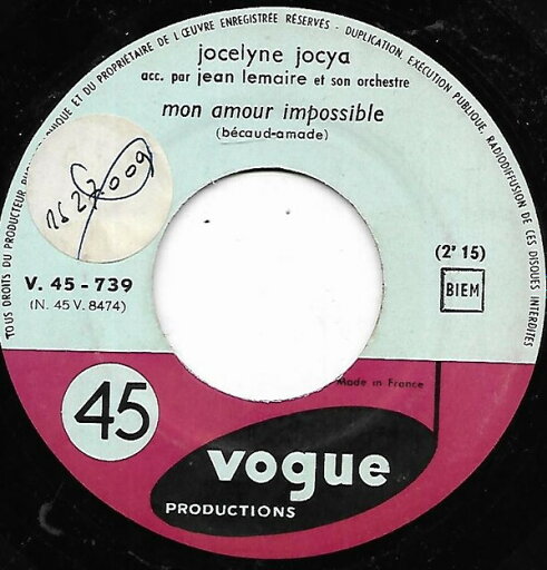 【中古】仏7” Jocelyne Jocya Mon Amour Impossible V45739 Vogue Productions /00080 【中古】仏7” Jocelyne Jocya Mon Amour Impossible V45739 Vogue Productions /00080