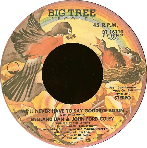 【中古】7” England Dan &amp; John Ford Coley Well Never Have To Say Goodbye Again BT16110 Big Tree Records /00080