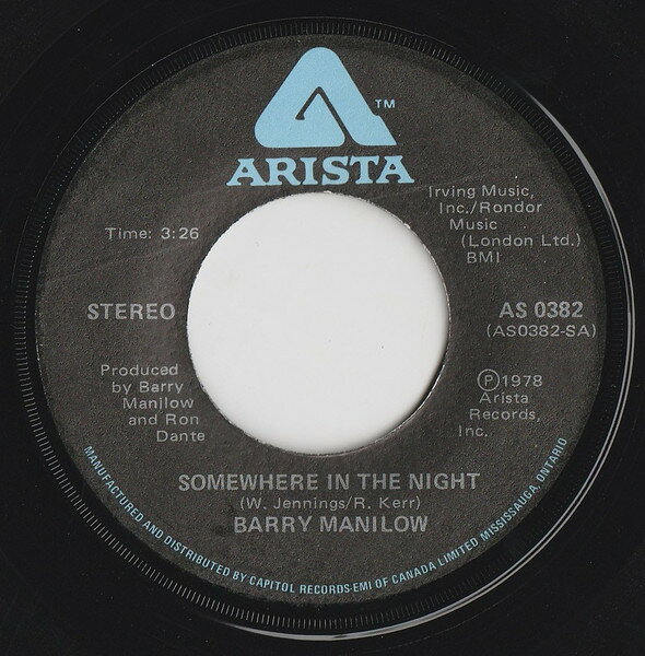 【中古】7インチ Barry Manilow Somewhere In The Night AS0382 Arista