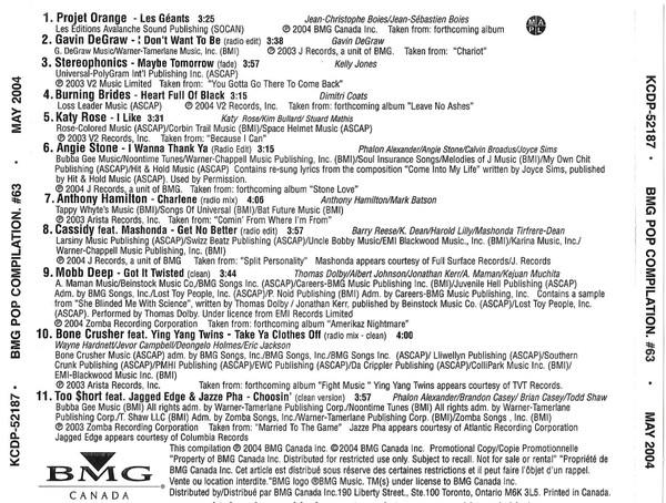 CD Various Bmg Pop Promo Cd Compilation #63 - May 2004 KCDP52187 BMG Canada プロモ /00110