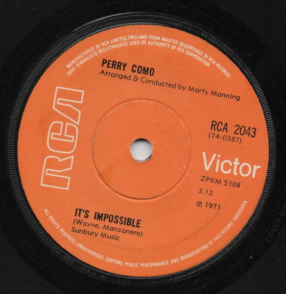 Artist Name: B - 【中古】英7” Perry Como Its Impossible / Long Life, Lots Of Happiness RCA2043 RCA Victor /00080