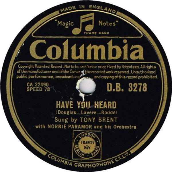 【中古】78RPM/SP Tony Brent, Norrie Parmor &amp; Hi Strange Love / Have You Heard DB3278 COLUMBIA