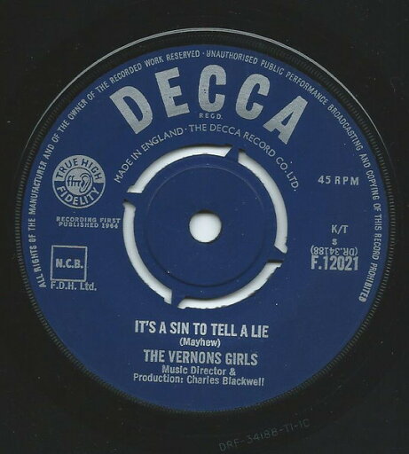 【中古】英7” Vernons Girls Its A Sin To Tell A Lie F12021 DECCA /00080 【中古】英7” Vernons Girls Its A Sin To Tell A Lie F12021 DECCA /00080