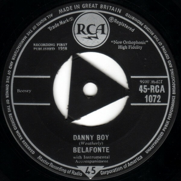 ・アーティスト Belafonte ・タイトル Danny Boy ・レーベル・型番 RCA 45RCA1072 ・フォーマット 7インチレコード ・コンディション(盤) 良い (VG+) ・コンディション(ジャケット) プレインカバー（元ジャケット／カバー無し） ・コンディション(帯) オビなし ・特記事項 【盤に浅い跡】 サンプル画像です。実際の商品の画像ではありません 商品写真はバーコード/カタログ番号に対応したサンプル画像ですので、お送りする商品の画像ではありません。帯やライナーなどの付属品は、特記事項に記載されている場合のみ含まれます。プロモやカラーレコードなどの仕様についても、該当する場合のみ特記事項に記載しています。 【ご購入前に必ずご確認ください】 ・本店サイト(www.recordcity.jp)とは価格、送料が違います ・本店サイト、その他支店のオーダーとは同梱発送できません ・注文確定後に別の注文を頂いた場合、注文同士の同梱は致しかねます。 ・別倉庫から発送しているため、店頭受け渡しは対応しておりません ・一部商品は他の通販サイトでも販売しているため、ご注文のタイミングによっては商品のご用意ができない場合がございます。 ・土日祝日はお休みです 金曜・祝前日9時以降のご連絡またはご入金は、返答または発送が週明け・祝日明けに順次対応となります。 ・ご購入後のキャンセル不可 ご購入後のキャンセルはいかなる理由においてもお受けできません。ご了承の上、ご購入くださいませ。 ・日本郵便(ゆうパック/ゆうメール)によるお届けになります。 ・中古品であることをご理解ください 当ストアでは中古商品を主に販売しております。中古品であることをご理解の上ご購入ください。また、一部商品はRecordCityオンラインストアで試聴可能です。 ・返品について お客様のご都合による返品は一切承っておりません。 表記の内容と実際の商品に相違がある場合、また針飛び等で返品・返金をご希望される場合は、商品の到着後1週間以内にご連絡ください。商品の返送をこちらで確認後、キャンセル・返金を行います。 コンディションVG以下の商品は返品できません。プレイに影響のない表面のこすれ傷、プレス起因のノイズ盤は返品の対象外です。 【コンディション表記】 ・ほぼ新品(M-)(Like New) 完全な新品。未使用。当店ではほぼ使用しません ・非常に良い(EX)(Excellent) 中古盤として美品な状態。わずかな経年を感じるものの傷みを感じさせない、当店基準で最高の状態 ・良い(VG+)(Very Good Plus) 丁寧に扱われた中古品で、軽い使用感がみられる。 ・可(VG)(Acceptable) 使い込まれた中古品で、「良い」よりもさらに使用感がみられる。 ・悪い(VG-)(Bad) 状態が悪いアイテム。使用の保障はなく、再生不可、針飛び、目立つノイズがあるかもしれない。状態によるクレーム不可。返品不可。 ・非常に悪い(G)(Very Bad) 「悪い」よりさらに状態が悪いアイテム。使用の保障はなく、再生不可、針飛び、目立つノイズがあるかもしれない。状態によるクレーム不可。返品不可。 ・ジャンク(Fair)(Junk/Fair) 割れている、反っている、水ダメージがある、カビ、ジャケットが分離している、ひどい書き込み、ひどい擦れなど最低の状態。使用の保障はなく、再生不可、針飛び、目立つノイズがあるかもしれない。状態によるクレーム不可。返品不可。 ・ジャンク(Poor)(Junk/Poor) 割れている、反っている、水ダメージがある、カビ、ジャケットが分離している、ひどい書き込み、ひどい擦れなど最低の状態。使用の保障はなく、再生不可、針飛び、目立つノイズがあるかもしれない。状態によるクレーム不可。返品不可。