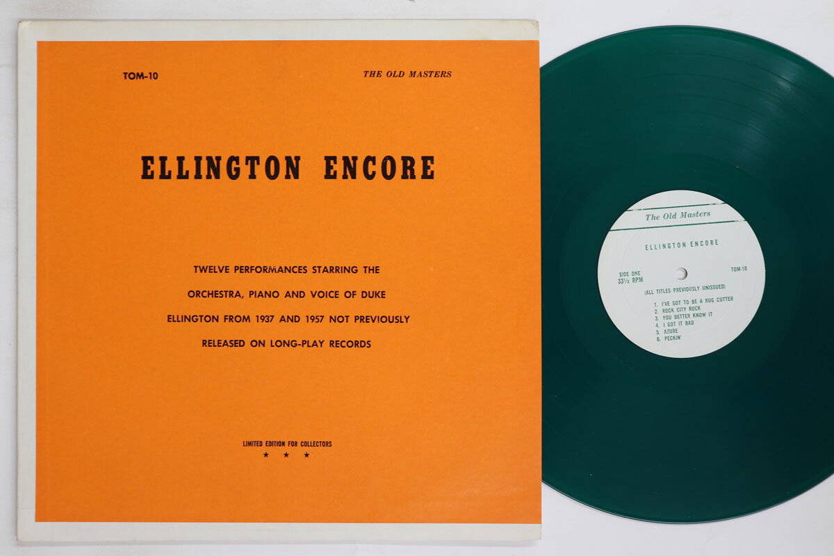・アーティスト Duke Ellington ・タイトル Ellington Encore ・レーベル・型番 Old Masters TOM10 ・フォーマット LPレコード ・コンディション(盤) 良い (VG+) ・コンディション(ジャケット) 良い (VG+) ・コンディション(帯) オビなし ・特記事項 【カバーに目立つ染み】【カラー盤（グリーン）】 実際に発送される商品の画像です 【ご購入前に必ずご確認ください】 ・本店サイト(www.recordcity.jp)とは価格、送料が違います ・本店サイト、その他支店のオーダーとは同梱発送できません ・注文確定後に別の注文を頂いた場合、注文同士の同梱は致しかねます。 ・別倉庫から発送しているため、店頭受け渡しは対応しておりません ・一部商品は他の通販サイトでも販売しているため、ご注文のタイミングによっては商品のご用意ができない場合がございます。 ・土日祝日はお休みです 金曜・祝前日9時以降のご連絡またはご入金は、返答または発送が週明け・祝日明けに順次対応となります。 ・ご購入後のキャンセル不可 ご購入後のキャンセルはいかなる理由においてもお受けできません。ご了承の上、ご購入くださいませ。 ・日本郵便(ゆうパック/ゆうメール)によるお届けになります。 ・中古品であることをご理解ください 当ストアでは中古商品を主に販売しております。中古品であることをご理解の上ご購入ください。また、一部商品はRecordCityオンラインストアで試聴可能です。 ・返品について お客様のご都合による返品は一切承っておりません。 表記の内容と実際の商品に相違がある場合、また針飛び等で返品・返金をご希望される場合は、商品の到着後1週間以内にご連絡ください。商品の返送をこちらで確認後、キャンセル・返金を行います。 コンディションVG以下の商品は返品できません。プレイに影響のない表面のこすれ傷、プレス起因のノイズ盤は返品の対象外です。 【コンディション表記】 ・ほぼ新品(M-)(Like New) 完全な新品。未使用。当店ではほぼ使用しません ・非常に良い(EX)(Excellent) 中古盤として美品な状態。わずかな経年を感じるものの傷みを感じさせない、当店基準で最高の状態 ・良い(VG+)(Very Good Plus) 丁寧に扱われた中古品で、軽い使用感がみられる。 ・可(VG)(Acceptable) 使い込まれた中古品で、「良い」よりもさらに使用感がみられる。 ・悪い(VG-)(Bad) 状態が悪いアイテム。使用の保障はなく、再生不可、針飛び、目立つノイズがあるかもしれない。状態によるクレーム不可。返品不可。 ・非常に悪い(G)(Very Bad) 「悪い」よりさらに状態が悪いアイテム。使用の保障はなく、再生不可、針飛び、目立つノイズがあるかもしれない。状態によるクレーム不可。返品不可。 ・ジャンク(Fair)(Junk/Fair) 割れている、反っている、水ダメージがある、カビ、ジャケットが分離している、ひどい書き込み、ひどい擦れなど最低の状態。使用の保障はなく、再生不可、針飛び、目立つノイズがあるかもしれない。状態によるクレーム不可。返品不可。 ・ジャンク(Poor)(Junk/Poor) 割れている、反っている、水ダメージがある、カビ、ジャケットが分離している、ひどい書き込み、ひどい擦れなど最低の状態。使用の保障はなく、再生不可、針飛び、目立つノイズがあるかもしれない。状態によるクレーム不可。返品不可。