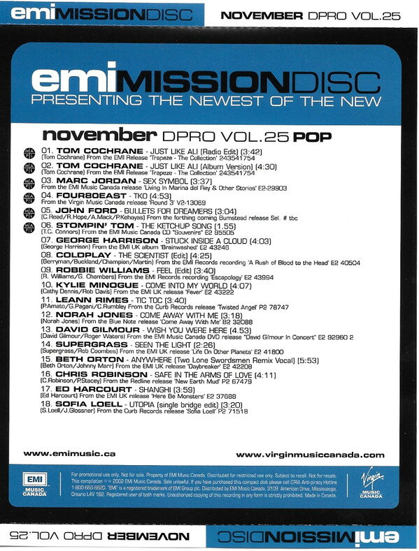 ・アーティスト Various ・タイトル Emi Mission Disc Dpro Vol. 25 Pop (November 2002) ・レーベル・型番 EMI Music Canada DPROVOL25 ・フォーマット CD ・コンディション(盤) 良い (VG+) ・コンディション(ジャケット) ・コンディション(帯) オビなし ・特記事項 【プロモ盤】 【Promotion Only】【ソフトケース入り（プラケースなし）】 サンプル画像です。実際の商品の画像ではありません 商品写真はバーコード/カタログ番号に対応したサンプル画像ですので、お送りする商品の画像ではありません。帯やライナーなどの付属品は、特記事項に記載されている場合のみ含まれます。プロモやカラーレコードなどの仕様についても、該当する場合のみ特記事項に記載しています。 【ご購入前に必ずご確認ください】 ・本店サイト(www.recordcity.jp)とは価格、送料が違います ・本店サイト、その他支店のオーダーとは同梱発送できません ・注文確定後に別の注文を頂いた場合、注文同士の同梱は致しかねます。 ・別倉庫から発送しているため、店頭受け渡しは対応しておりません ・一部商品は他の通販サイトでも販売しているため、ご注文のタイミングによっては商品のご用意ができない場合がございます。 ・土日祝日はお休みです 金曜・祝前日9時以降のご連絡またはご入金は、返答または発送が週明け・祝日明けに順次対応となります。 ・ご購入後のキャンセル不可 ご購入後のキャンセルはいかなる理由においてもお受けできません。ご了承の上、ご購入くださいませ。 ・日本郵便(ゆうパック/ゆうメール)によるお届けになります。 ・中古品であることをご理解ください 当ストアでは中古商品を主に販売しております。中古品であることをご理解の上ご購入ください。また、一部商品はRecordCityオンラインストアで試聴可能です。 ・返品について お客様のご都合による返品は一切承っておりません。 表記の内容と実際の商品に相違がある場合、また針飛び等で返品・返金をご希望される場合は、商品の到着後1週間以内にご連絡ください。商品の返送をこちらで確認後、キャンセル・返金を行います。 コンディションVG以下の商品は返品できません。プレイに影響のない表面のこすれ傷、プレス起因のノイズ盤は返品の対象外です。 【コンディション表記】 ・ほぼ新品(M-)(Like New) 完全な新品。未使用。当店ではほぼ使用しません ・非常に良い(EX)(Excellent) 中古盤として美品な状態。わずかな経年を感じるものの傷みを感じさせない、当店基準で最高の状態 ・良い(VG+)(Very Good Plus) 丁寧に扱われた中古品で、軽い使用感がみられる。 ・可(VG)(Acceptable) 使い込まれた中古品で、「良い」よりもさらに使用感がみられる。 ・悪い(VG-)(Bad) 状態が悪いアイテム。使用の保障はなく、再生不可、針飛び、目立つノイズがあるかもしれない。状態によるクレーム不可。返品不可。 ・非常に悪い(G)(Very Bad) 「悪い」よりさらに状態が悪いアイテム。使用の保障はなく、再生不可、針飛び、目立つノイズがあるかもしれない。状態によるクレーム不可。返品不可。 ・ジャンク(Fair)(Junk/Fair) 割れている、反っている、水ダメージがある、カビ、ジャケットが分離している、ひどい書き込み、ひどい擦れなど最低の状態。使用の保障はなく、再生不可、針飛び、目立つノイズがあるかもしれない。状態によるクレーム不可。返品不可。 ・ジャンク(Poor)(Junk/Poor) 割れている、反っている、水ダメージがある、カビ、ジャケットが分離している、ひどい書き込み、ひどい擦れなど最低の状態。使用の保障はなく、再生不可、針飛び、目立つノイズがあるかもしれない。状態によるクレーム不可。返品不可。