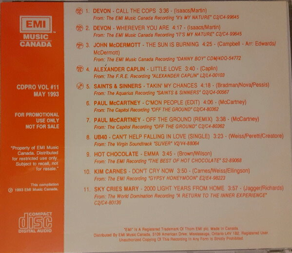 CD Various Emi Music Canada Cdpro Vol #11 May 1993 CDPROVOL11 EMI Music Canada プロモ /00110