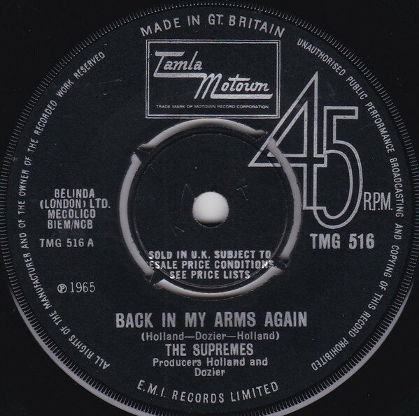 ・アーティスト Supremes ・タイトル Back In My Arms Again ・レーベル・型番 Tamla Motown TMG516 ・フォーマット 7インチレコード ・コンディション(盤) 非常に良い(EX) ・コンディション(ジャケット) プレインカバー（元ジャケット／カバー無し） ・コンディション(帯) オビなし ・特記事項 サンプル画像です。実際の商品の画像ではありません 商品写真はバーコード/カタログ番号に対応したサンプル画像ですので、お送りする商品の画像ではありません。帯やライナーなどの付属品は、特記事項に記載されている場合のみ含まれます。プロモやカラーレコードなどの仕様についても、該当する場合のみ特記事項に記載しています。 【ご購入前に必ずご確認ください】 ・本店サイト(www.recordcity.jp)とは価格、送料が違います ・本店サイト、その他支店のオーダーとは同梱発送できません ・注文確定後に別の注文を頂いた場合、注文同士の同梱は致しかねます。 ・別倉庫から発送しているため、店頭受け渡しは対応しておりません ・一部商品は他の通販サイトでも販売しているため、ご注文のタイミングによっては商品のご用意ができない場合がございます。 ・土日祝日はお休みです 金曜・祝前日9時以降のご連絡またはご入金は、返答または発送が週明け・祝日明けに順次対応となります。 ・ご購入後のキャンセル不可 ご購入後のキャンセルはいかなる理由においてもお受けできません。ご了承の上、ご購入くださいませ。 ・日本郵便(ゆうパック/ゆうメール)によるお届けになります。 ・中古品であることをご理解ください 当ストアでは中古商品を主に販売しております。中古品であることをご理解の上ご購入ください。また、一部商品はRecordCityオンラインストアで試聴可能です。 ・返品について お客様のご都合による返品は一切承っておりません。 表記の内容と実際の商品に相違がある場合、また針飛び等で返品・返金をご希望される場合は、商品の到着後1週間以内にご連絡ください。商品の返送をこちらで確認後、キャンセル・返金を行います。 コンディションVG以下の商品は返品できません。プレイに影響のない表面のこすれ傷、プレス起因のノイズ盤は返品の対象外です。 【コンディション表記】 ・ほぼ新品(M-)(Like New) 完全な新品。未使用。当店ではほぼ使用しません ・非常に良い(EX)(Excellent) 中古盤として美品な状態。わずかな経年を感じるものの傷みを感じさせない、当店基準で最高の状態 ・良い(VG+)(Very Good Plus) 丁寧に扱われた中古品で、軽い使用感がみられる。 ・可(VG)(Acceptable) 使い込まれた中古品で、「良い」よりもさらに使用感がみられる。 ・悪い(VG-)(Bad) 状態が悪いアイテム。使用の保障はなく、再生不可、針飛び、目立つノイズがあるかもしれない。状態によるクレーム不可。返品不可。 ・非常に悪い(G)(Very Bad) 「悪い」よりさらに状態が悪いアイテム。使用の保障はなく、再生不可、針飛び、目立つノイズがあるかもしれない。状態によるクレーム不可。返品不可。 ・ジャンク(Fair)(Junk/Fair) 割れている、反っている、水ダメージがある、カビ、ジャケットが分離している、ひどい書き込み、ひどい擦れなど最低の状態。使用の保障はなく、再生不可、針飛び、目立つノイズがあるかもしれない。状態によるクレーム不可。返品不可。 ・ジャンク(Poor)(Junk/Poor) 割れている、反っている、水ダメージがある、カビ、ジャケットが分離している、ひどい書き込み、ひどい擦れなど最低の状態。使用の保障はなく、再生不可、針飛び、目立つノイズがあるかもしれない。状態によるクレーム不可。返品不可。