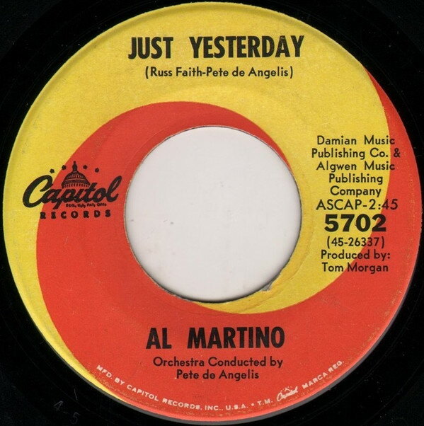 ・アーティスト Al Martino ・タイトル Just Yesterday ・レーベル・型番 Capitol Records 5702 ・フォーマット 7インチレコード ・コンディション(盤) 良い (VG+) ・コンディション(ジャケット) プレインカバー（元ジャケット／カバー無し） ・コンディション(帯) オビなし ・特記事項 サンプル画像です。実際の商品の画像ではありません 商品写真はバーコード/カタログ番号に対応したサンプル画像ですので、お送りする商品の画像ではありません。帯やライナーなどの付属品は、特記事項に記載されている場合のみ含まれます。プロモやカラーレコードなどの仕様についても、該当する場合のみ特記事項に記載しています。 【ご購入前に必ずご確認ください】 ・本店サイト(www.recordcity.jp)とは価格、送料が違います ・本店サイト、その他支店のオーダーとは同梱発送できません ・注文確定後に別の注文を頂いた場合、注文同士の同梱は致しかねます。 ・別倉庫から発送しているため、店頭受け渡しは対応しておりません ・一部商品は他の通販サイトでも販売しているため、ご注文のタイミングによっては商品のご用意ができない場合がございます。 ・土日祝日はお休みです 金曜・祝前日9時以降のご連絡またはご入金は、返答または発送が週明け・祝日明けに順次対応となります。 ・ご購入後のキャンセル不可 ご購入後のキャンセルはいかなる理由においてもお受けできません。ご了承の上、ご購入くださいませ。 ・日本郵便(ゆうパック/ゆうメール)によるお届けになります。 ・中古品であることをご理解ください 当ストアでは中古商品を主に販売しております。中古品であることをご理解の上ご購入ください。また、一部商品はRecordCityオンラインストアで試聴可能です。 ・返品について お客様のご都合による返品は一切承っておりません。 表記の内容と実際の商品に相違がある場合、また針飛び等で返品・返金をご希望される場合は、商品の到着後1週間以内にご連絡ください。商品の返送をこちらで確認後、キャンセル・返金を行います。 コンディションVG以下の商品は返品できません。プレイに影響のない表面のこすれ傷、プレス起因のノイズ盤は返品の対象外です。 【コンディション表記】 ・ほぼ新品(M-)(Like New) 完全な新品。未使用。当店ではほぼ使用しません ・非常に良い(EX)(Excellent) 中古盤として美品な状態。わずかな経年を感じるものの傷みを感じさせない、当店基準で最高の状態 ・良い(VG+)(Very Good Plus) 丁寧に扱われた中古品で、軽い使用感がみられる。 ・可(VG)(Acceptable) 使い込まれた中古品で、「良い」よりもさらに使用感がみられる。 ・悪い(VG-)(Bad) 状態が悪いアイテム。使用の保障はなく、再生不可、針飛び、目立つノイズがあるかもしれない。状態によるクレーム不可。返品不可。 ・非常に悪い(G)(Very Bad) 「悪い」よりさらに状態が悪いアイテム。使用の保障はなく、再生不可、針飛び、目立つノイズがあるかもしれない。状態によるクレーム不可。返品不可。 ・ジャンク(Fair)(Junk/Fair) 割れている、反っている、水ダメージがある、カビ、ジャケットが分離している、ひどい書き込み、ひどい擦れなど最低の状態。使用の保障はなく、再生不可、針飛び、目立つノイズがあるかもしれない。状態によるクレーム不可。返品不可。 ・ジャンク(Poor)(Junk/Poor) 割れている、反っている、水ダメージがある、カビ、ジャケットが分離している、ひどい書き込み、ひどい擦れなど最低の状態。使用の保障はなく、再生不可、針飛び、目立つノイズがあるかもしれない。状態によるクレーム不可。返品不可。