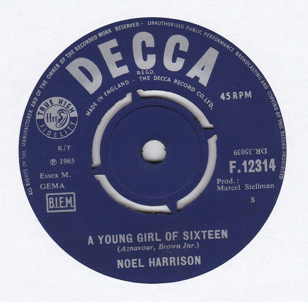 【中古】英7” Noel Harrison A Young Girl Of Sixteen F12314 Decca /00080