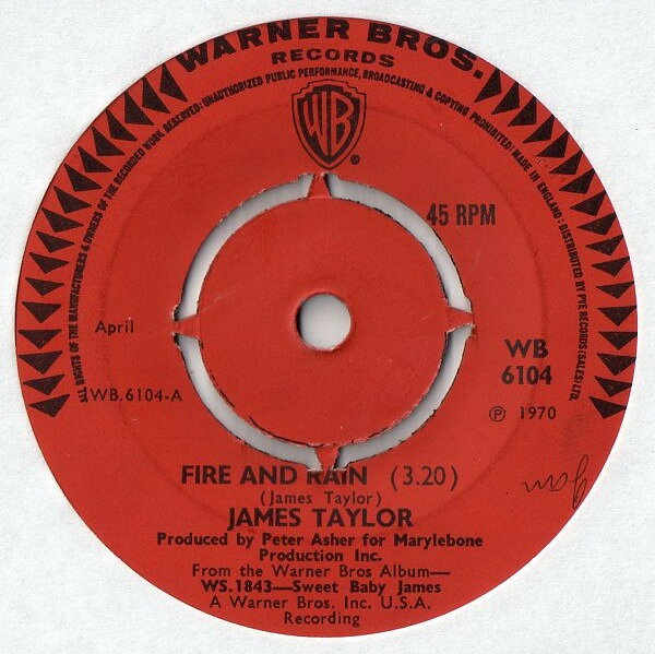 【中古】英7” James Taylor Fire And Rain / Sunny Skies WB6104 Warner Bros. Records /00080