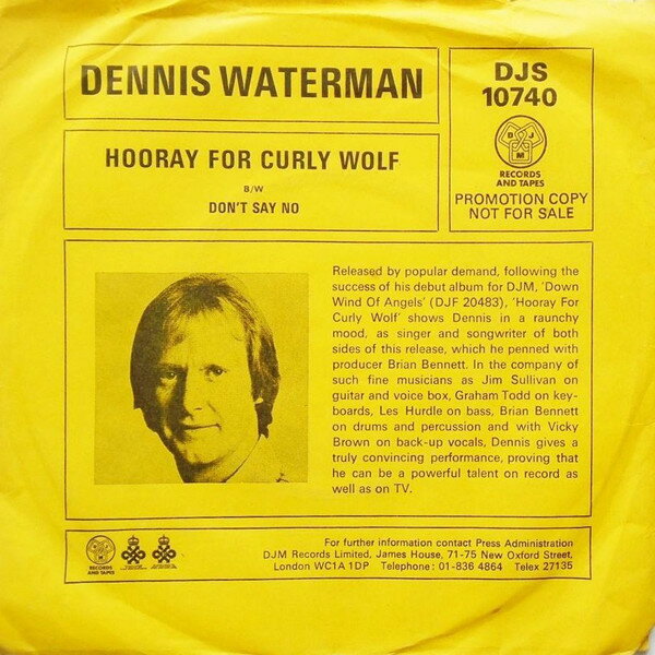 【中古】英7” Dennis Waterman Hooray For Curly Woolf DJS10740PROMO DJM Records /00080