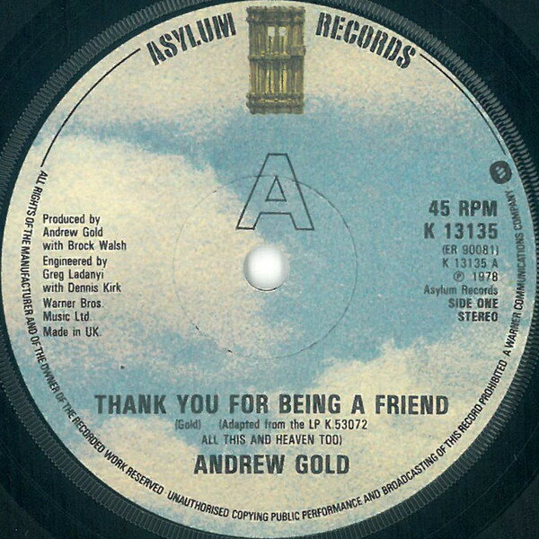 ・アーティスト Andrew Gold ・タイトル Thank You For Being A Friend ・レーベル・型番 Asylum Records K13135 ・フォーマット 7インチレコード ・コンディション(盤) 良い (VG+) ・コンディション(ジャケット) プレインカバー（元ジャケット／カバー無し） ・コンディション(帯) オビなし ・特記事項 【盤反り】【レーベルにスタンプ】【Compnay Sleeve】 サンプル画像です。実際の商品の画像ではありません 商品写真はバーコード/カタログ番号に対応したサンプル画像ですので、お送りする商品の画像ではありません。帯やライナーなどの付属品は、特記事項に記載されている場合のみ含まれます。プロモやカラーレコードなどの仕様についても、該当する場合のみ特記事項に記載しています。 【ご購入前に必ずご確認ください】 ・本店サイト(www.recordcity.jp)とは価格、送料が違います ・本店サイト、その他支店のオーダーとは同梱発送できません ・別倉庫から発送しているため、店頭受け渡しは対応しておりません ・一部商品は他の通販サイトでも販売しているため、ご注文のタイミングによっては商品のご用意ができない場合がございます。 ・土日祝日はお休みです 金曜・祝前日9時以降のご連絡またはご入金は、返答または発送が週明け・祝日明けに順次対応となります。 ・ご購入後のキャンセル不可 ご購入後のキャンセルはいかなる理由においてもお受けできません。ご了承の上、ご購入くださいませ。 ・日本郵便(ゆうパック/ゆうメール)によるお届けになります。 ・中古品であることをご理解ください 当ストアでは中古商品を主に販売しております。中古品であることをご理解の上ご購入ください。また、一部商品はRecordCityオンラインストアで試聴可能です。 ・返品について お客様のご都合による返品は一切承っておりません。 表記の内容と実際の商品に相違がある場合、また針飛び等で返品・返金をご希望される場合は、商品の到着後1週間以内にご連絡ください。商品の返送をこちらで確認後、キャンセル・返金を行います。 コンディションVG以下の商品は返品できません。プレイに影響のない表面のこすれ傷、プレス起因のノイズ盤は返品の対象外です。 【コンディション表記】 ・ほぼ新品(M-)(Like New) 完全な新品。未使用。当店ではほぼ使用しません ・非常に良い(EX)(Excellent) 中古盤として美品な状態。わずかな経年を感じるものの傷みを感じさせない、当店基準で最高の状態 ・良い(VG+)(Very Good Plus) 丁寧に扱われた中古品で、軽い使用感がみられる。 ・可(VG)(Acceptable) 使い込まれた中古品で、「良い」よりもさらに使用感がみられる。 ・悪い(VG-)(Bad) 状態が悪いアイテム。使用の保障はなく、再生不可、針飛び、目立つノイズがあるかもしれない。状態によるクレーム不可。返品不可。 ・非常に悪い(G)(Very Bad) 「悪い」よりさらに状態が悪いアイテム。使用の保障はなく、再生不可、針飛び、目立つノイズがあるかもしれない。状態によるクレーム不可。返品不可。 ・ジャンク(Fair)(Junk/Fair) 割れている、反っている、水ダメージがある、カビ、ジャケットが分離している、ひどい書き込み、ひどい擦れなど最低の状態。使用の保障はなく、再生不可、針飛び、目立つノイズがあるかもしれない。状態によるクレーム不可。返品不可。 ・ジャンク(Poor)(Junk/Poor) 割れている、反っている、水ダメージがある、カビ、ジャケットが分離している、ひどい書き込み、ひどい擦れなど最低の状態。使用の保障はなく、再生不可、針飛び、目立つノイズがあるかもしれない。状態によるクレーム不可。返品不可。