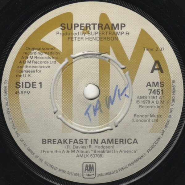 쥳ɥƥ ŷԾŹ㤨֡š۱7 Supertramp Breakfast In America AMS7451 A&M Records /00080פβǤʤ880ߤˤʤޤ
