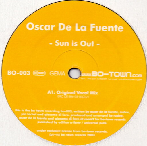 【中古】独12” Oscar De La Fuente Sun Is Out BO003 Bo-Town Records /00250 【中古】独12” Oscar De La Fuente Sun Is Out BO003 Bo-Town Records /00250