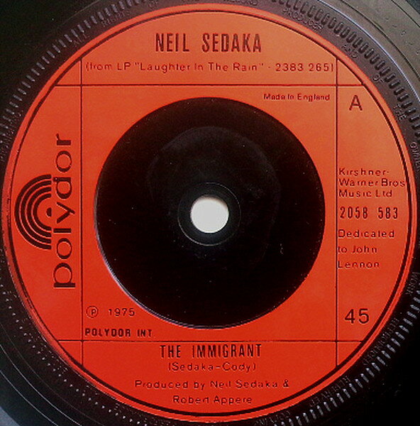 【中古】英7” Neil Sedaka The Immigrant 2058583 Polydor /00080