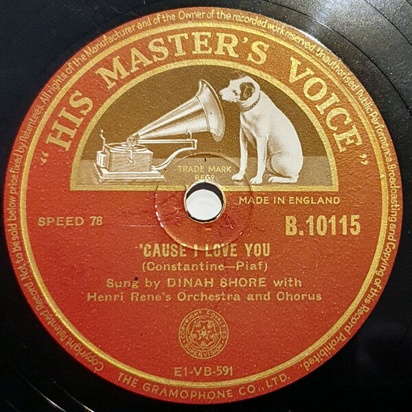 【中古】英78RPM/SP Dinah Shore, Henri Renes Orche Cause I Love You / Sweet Violets B10115 HIS MASTERS VOICE /00500