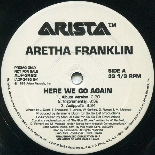 【中古】米12” Aretha Franklin Here We Go Again ADP3493 Arista プロモ /00250