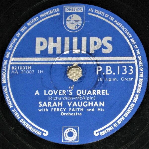 【中古】英78RPM/SP Sarah Vaughan, Percy Faith & H A Lovers Quarrel / I Confess PB133 PHILIPS /00500