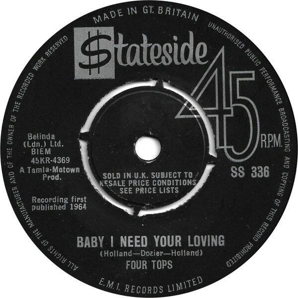 7” Four Tops Baby I Need Your Loving SS336 Stateside /00080