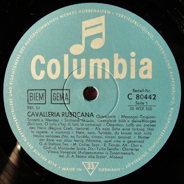 LP Maria Callas , Coro Del Teatro Querschnitte: Cavalleria Rusticana / Der Bajazzo C80442 Columbia /00260
