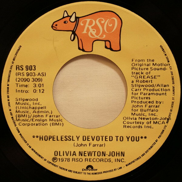 【中古】加7” Olivia Newton-John Hopelessly Devoted To You RS903 RSO /00080