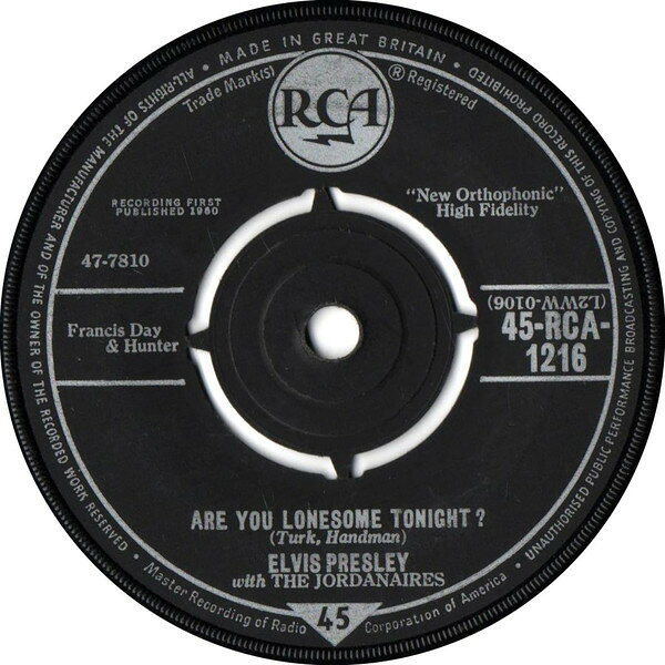 Record - 【中古】7” Elvis Presley, The Jordanaires Are You Lonesome Tonight 45RCA1216 RCA /00080
