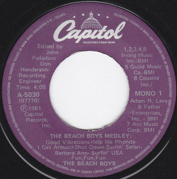・アーティスト Beach Boys ・タイトル Beach Boys Medley / God Only Knows ・レーベル・型番 CAPITOL A5030 ・フォーマット 7インチレコード ・コンディション(盤) 良い (VG+) ・コンディション(ジャケット) プレインカバー（元ジャケット／カバー無し） ・コンディション(帯) オビなし ・特記事項 【盤汚れ】【盤に薄い跡】 サンプル画像です。実際の商品の画像ではありません 商品写真はバーコード/カタログ番号に対応したサンプル画像ですので、お送りする商品の画像ではありません。帯やライナーなどの付属品は、特記事項に記載されている場合のみ含まれます。プロモやカラーレコードなどの仕様についても、該当する場合のみ特記事項に記載しています。 【ご購入前に必ずご確認ください】 ・本店サイト(www.recordcity.jp)とは価格、送料が違います ・本店サイト、その他支店のオーダーとは同梱発送できません ・注文確定後に別の注文を頂いた場合、注文同士の同梱は致しかねます。 ・別倉庫から発送しているため、店頭受け渡しは対応しておりません ・一部商品は他の通販サイトでも販売しているため、ご注文のタイミングによっては商品のご用意ができない場合がございます。 ・土日祝日はお休みです 金曜・祝前日9時以降のご連絡またはご入金は、返答または発送が週明け・祝日明けに順次対応となります。 ・ご購入後のキャンセル不可 ご購入後のキャンセルはいかなる理由においてもお受けできません。ご了承の上、ご購入くださいませ。 ・日本郵便(ゆうパック/ゆうメール)によるお届けになります。 ・中古品であることをご理解ください 当ストアでは中古商品を主に販売しております。中古品であることをご理解の上ご購入ください。また、一部商品はRecordCityオンラインストアで試聴可能です。 ・返品について お客様のご都合による返品は一切承っておりません。 表記の内容と実際の商品に相違がある場合、また針飛び等で返品・返金をご希望される場合は、商品の到着後1週間以内にご連絡ください。商品の返送をこちらで確認後、キャンセル・返金を行います。 コンディションVG以下の商品は返品できません。プレイに影響のない表面のこすれ傷、プレス起因のノイズ盤は返品の対象外です。 【コンディション表記】 ・ほぼ新品(M-)(Like New) 完全な新品。未使用。当店ではほぼ使用しません ・非常に良い(EX)(Excellent) 中古盤として美品な状態。わずかな経年を感じるものの傷みを感じさせない、当店基準で最高の状態 ・良い(VG+)(Very Good Plus) 丁寧に扱われた中古品で、軽い使用感がみられる。 ・可(VG)(Acceptable) 使い込まれた中古品で、「良い」よりもさらに使用感がみられる。 ・悪い(VG-)(Bad) 状態が悪いアイテム。使用の保障はなく、再生不可、針飛び、目立つノイズがあるかもしれない。状態によるクレーム不可。返品不可。 ・非常に悪い(G)(Very Bad) 「悪い」よりさらに状態が悪いアイテム。使用の保障はなく、再生不可、針飛び、目立つノイズがあるかもしれない。状態によるクレーム不可。返品不可。 ・ジャンク(Fair)(Junk/Fair) 割れている、反っている、水ダメージがある、カビ、ジャケットが分離している、ひどい書き込み、ひどい擦れなど最低の状態。使用の保障はなく、再生不可、針飛び、目立つノイズがあるかもしれない。状態によるクレーム不可。返品不可。 ・ジャンク(Poor)(Junk/Poor) 割れている、反っている、水ダメージがある、カビ、ジャケットが分離している、ひどい書き込み、ひどい擦れなど最低の状態。使用の保障はなく、再生不可、針飛び、目立つノイズがあるかもしれない。状態によるクレーム不可。返品不可。