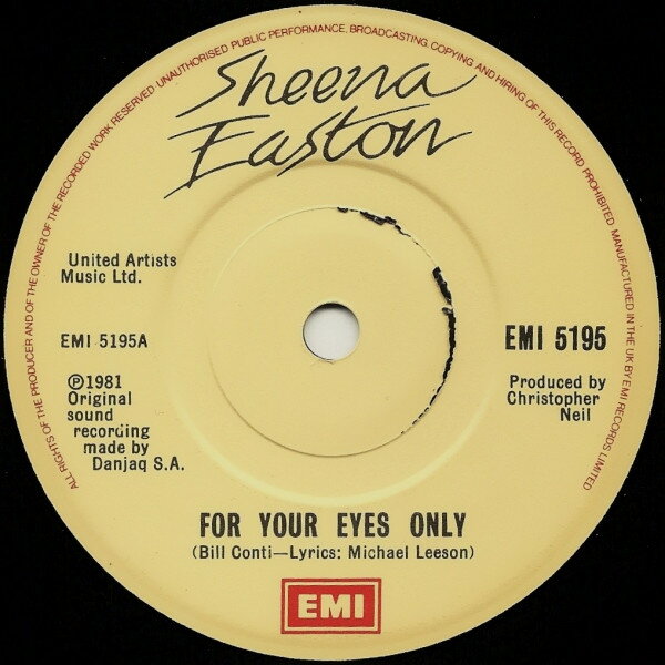 ・アーティスト Sheena Easton ・タイトル For Your Eyes Only ・レーベル・型番 EMI EMI5195 ・フォーマット 7インチレコード ・コンディション(盤) 良い (VG+) ・コンディション(ジャケット) プレインカバー（元ジャケット／カバー無し） ・コンディション(帯) オビなし ・特記事項 【盤汚れ】【盤に浅い跡】 サンプル画像です。実際の商品の画像ではありません 商品写真はバーコード/カタログ番号に対応したサンプル画像ですので、お送りする商品の画像ではありません。帯やライナーなどの付属品は、特記事項に記載されている場合のみ含まれます。プロモやカラーレコードなどの仕様についても、該当する場合のみ特記事項に記載しています。 【ご購入前に必ずご確認ください】 ・本店サイト(www.recordcity.jp)とは価格、送料が違います ・本店サイト、その他支店のオーダーとは同梱発送できません ・注文確定後に別の注文を頂いた場合、注文同士の同梱は致しかねます。 ・別倉庫から発送しているため、店頭受け渡しは対応しておりません ・一部商品は他の通販サイトでも販売しているため、ご注文のタイミングによっては商品のご用意ができない場合がございます。 ・土日祝日はお休みです 金曜・祝前日9時以降のご連絡またはご入金は、返答または発送が週明け・祝日明けに順次対応となります。 ・ご購入後のキャンセル不可 ご購入後のキャンセルはいかなる理由においてもお受けできません。ご了承の上、ご購入くださいませ。 ・日本郵便(ゆうパック/ゆうメール)によるお届けになります。 ・中古品であることをご理解ください 当ストアでは中古商品を主に販売しております。中古品であることをご理解の上ご購入ください。また、一部商品はRecordCityオンラインストアで試聴可能です。 ・返品について お客様のご都合による返品は一切承っておりません。 表記の内容と実際の商品に相違がある場合、また針飛び等で返品・返金をご希望される場合は、商品の到着後1週間以内にご連絡ください。商品の返送をこちらで確認後、キャンセル・返金を行います。 コンディションVG以下の商品は返品できません。プレイに影響のない表面のこすれ傷、プレス起因のノイズ盤は返品の対象外です。 【コンディション表記】 ・ほぼ新品(M-)(Like New) 完全な新品。未使用。当店ではほぼ使用しません ・非常に良い(EX)(Excellent) 中古盤として美品な状態。わずかな経年を感じるものの傷みを感じさせない、当店基準で最高の状態 ・良い(VG+)(Very Good Plus) 丁寧に扱われた中古品で、軽い使用感がみられる。 ・可(VG)(Acceptable) 使い込まれた中古品で、「良い」よりもさらに使用感がみられる。 ・悪い(VG-)(Bad) 状態が悪いアイテム。使用の保障はなく、再生不可、針飛び、目立つノイズがあるかもしれない。状態によるクレーム不可。返品不可。 ・非常に悪い(G)(Very Bad) 「悪い」よりさらに状態が悪いアイテム。使用の保障はなく、再生不可、針飛び、目立つノイズがあるかもしれない。状態によるクレーム不可。返品不可。 ・ジャンク(Fair)(Junk/Fair) 割れている、反っている、水ダメージがある、カビ、ジャケットが分離している、ひどい書き込み、ひどい擦れなど最低の状態。使用の保障はなく、再生不可、針飛び、目立つノイズがあるかもしれない。状態によるクレーム不可。返品不可。 ・ジャンク(Poor)(Junk/Poor) 割れている、反っている、水ダメージがある、カビ、ジャケットが分離している、ひどい書き込み、ひどい擦れなど最低の状態。使用の保障はなく、再生不可、針飛び、目立つノイズがあるかもしれない。状態によるクレーム不可。返品不可。